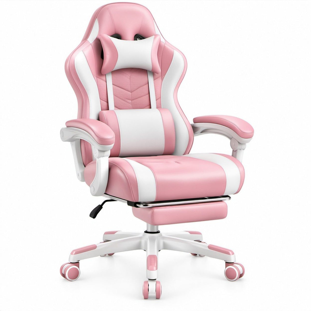 Ergonomischer Gamingstuhl mit Fußstütze, Kopf- und Lendenkissen in Rosa/Weiß, 70 x 70 x 125–135 cm