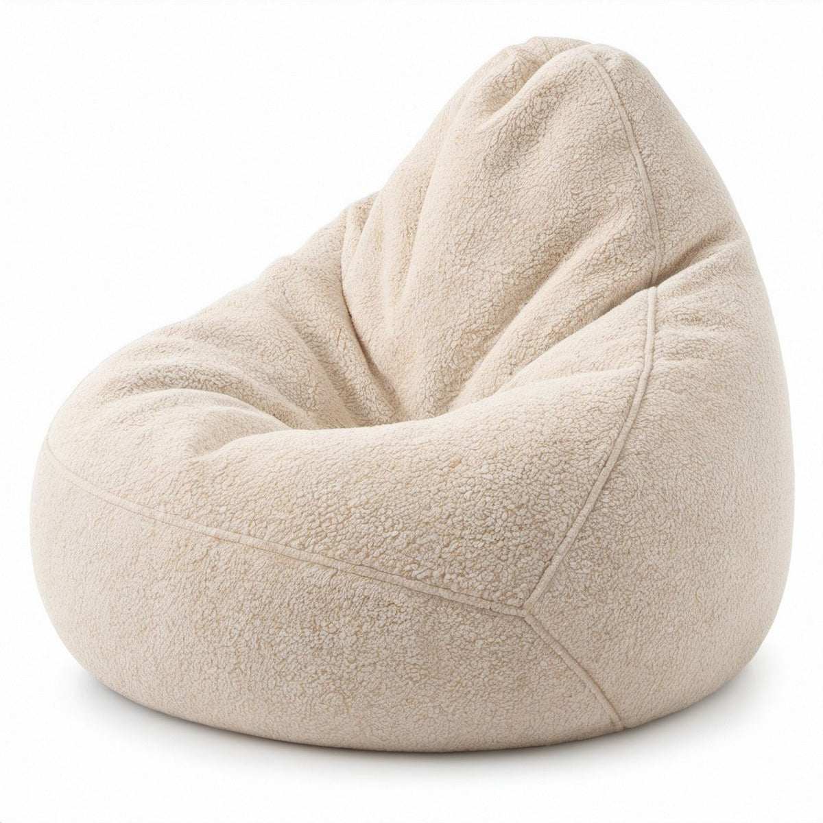 Tropfenförmiger Sitzsack aus Teddyplüsch in Creme mit EPS-Füllung, 90 x 90 x 100 cm