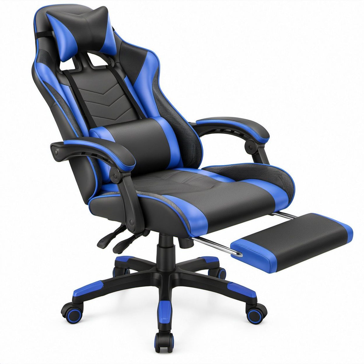 Gamingstuhl mit Fußstütze, Schwarz/Blau, 67 x 64 x 120–130 cm