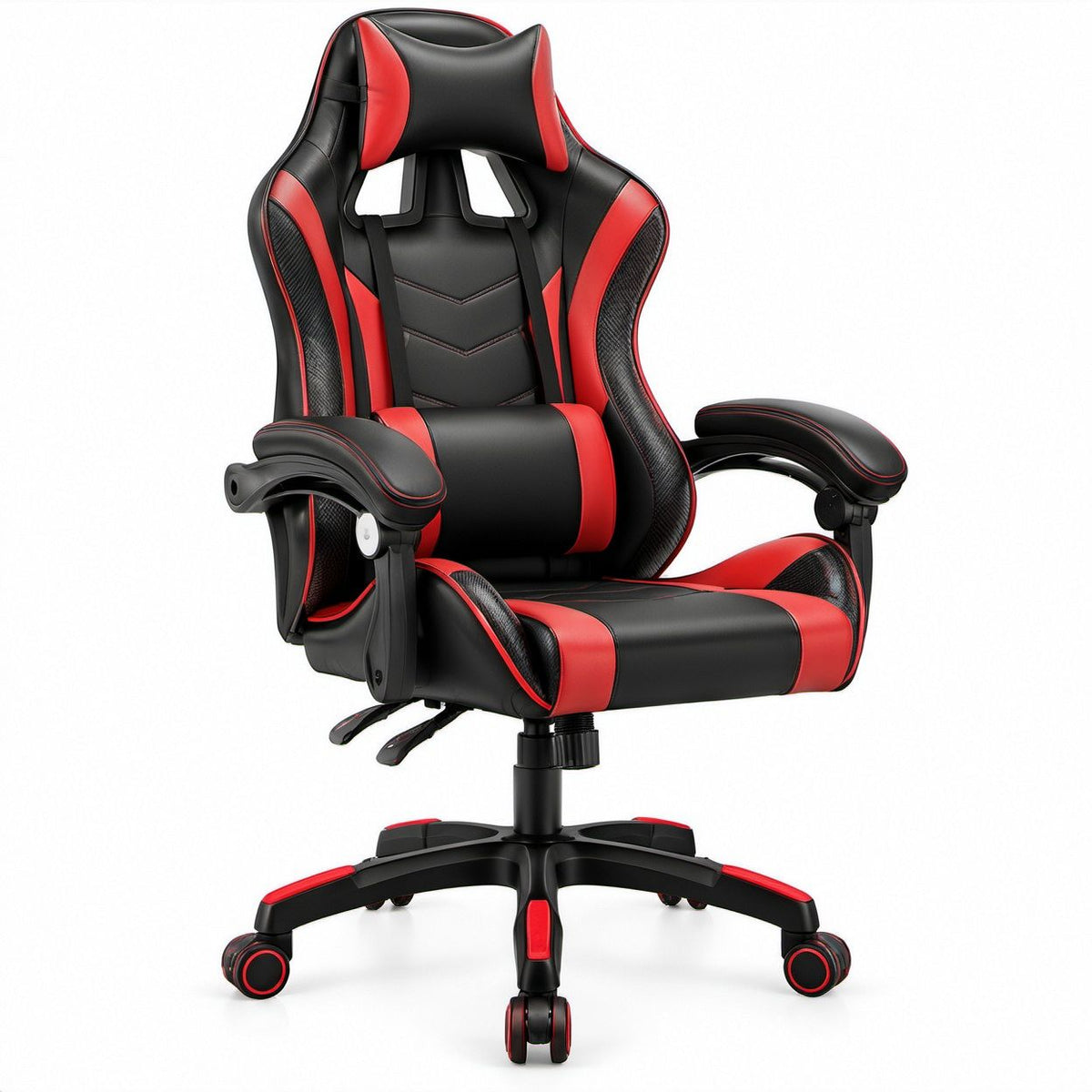 Gaming-Drehstuhl mit hoher Rückenlehne, Kopf- und Lendenkissen, Schwarz/Rot, 66 x 66 x 122–132 cm