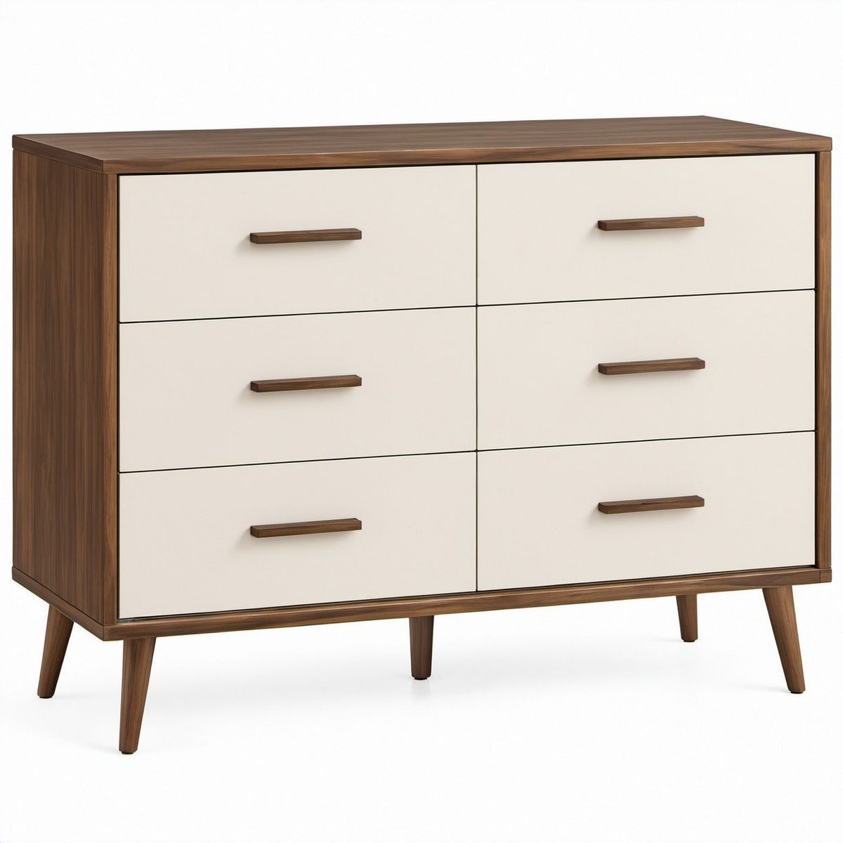 Kommode im Mid-Century-Stil mit 6 Schubladen, Walnussbraun/Cremeweiß, 120 x 40 x 90 cm