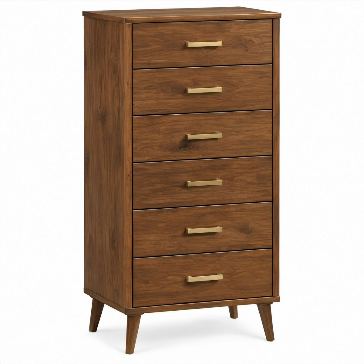 Schubladenkommode aus Walnuss-Massivholz, 80 x 45 x 140 cm, mit 6 Schubladen und Messinggriffen