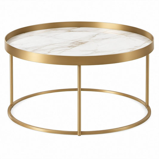 Runder Couchtisch mit Tablettkante in Weißer Marmoroptik und Gold, Ø 80 x 45 cm