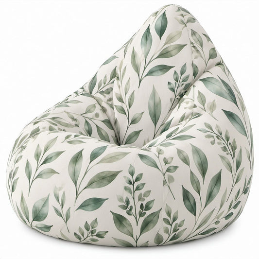 Tropfenförmiger Sitzsack aus Polyester Weiß/Grün mit Blattmuster, 80 x 80 x 100 cm