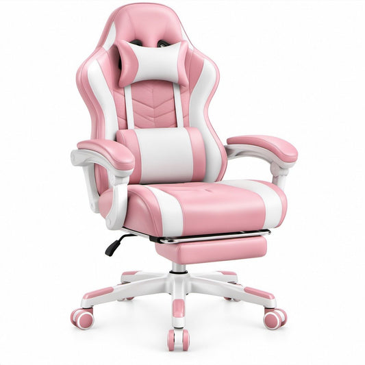 Ergonomischer Gamingstuhl mit Fußstütze, Kopf- und Lendenkissen in Rosa/Weiß, 70 x 70 x 125–135 cm