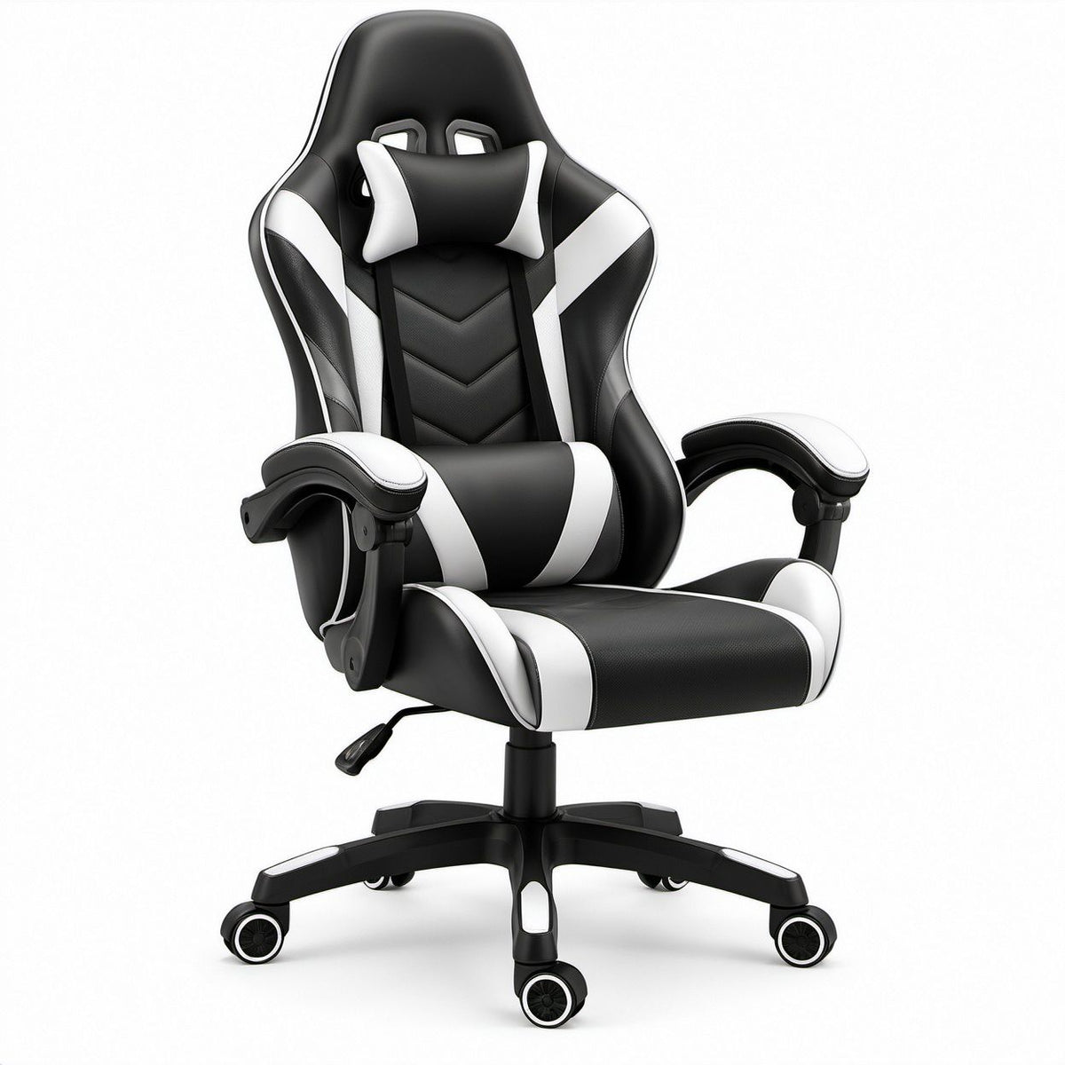 Ergonomischer Gamingstuhl mit hoher Rückenlehne, Schwarz/Weiß, 65 x 65 x 120–130 cm