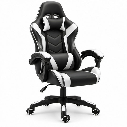 Ergonomischer Gamingstuhl mit hoher Rückenlehne, Schwarz/Weiß, 65 x 65 x 120–130 cm