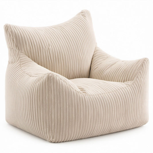 Quadratischer Sitzsack-Sessel aus geripptem Polyester, Cremeweiß, 90 x 85 x 85 cm