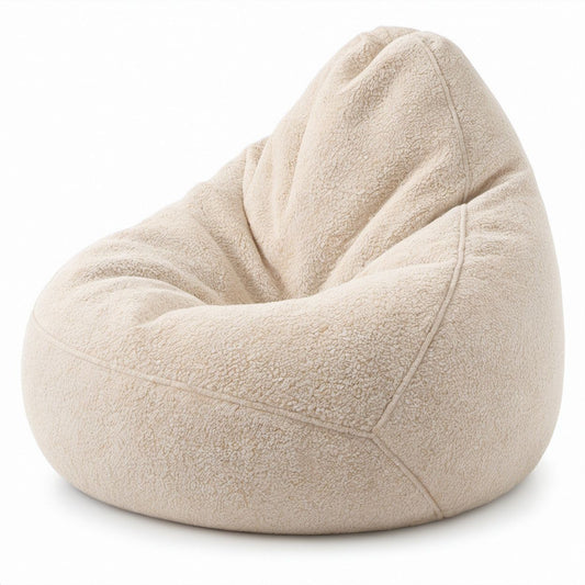 Tropfenförmiger Sitzsack aus Teddyplüsch in Creme mit EPS-Füllung, 90 x 90 x 100 cm