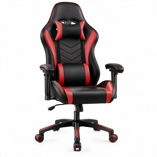Gaming-Bürostuhl mit hoher Rückenlehne, Kopf- und Lendenkissen, Schwarz/Rot, 65 x 65 x 122–132 cm