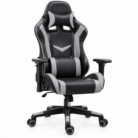 Ergonomischer Gamingstuhl mit hoher Rückenlehne, Kopf- und Lendenkissen, Schwarz/Grau, 68 x 68 x 124–134 cm