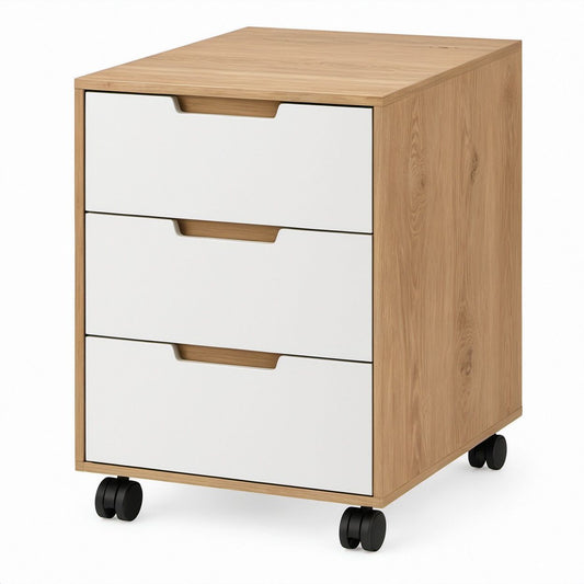 Rollcontainer mit 3 Schubladen und Rollen, Eiche/Weiß, 60 x 40 x 70 cm