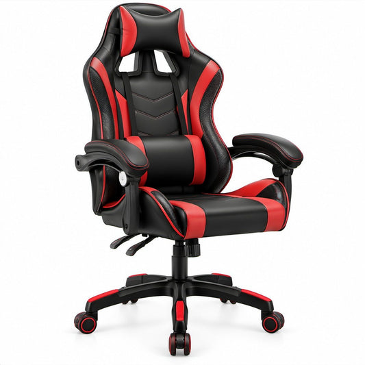 Gaming-Drehstuhl mit hoher Rückenlehne, Kopf- und Lendenkissen, Schwarz/Rot, 66 x 66 x 122–132 cm