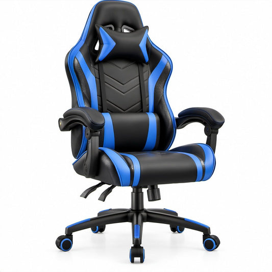 Gamingstuhl aus PU-Kunstleder in Schwarz/Blau mit Kopf- und Lendenkissen, 66 x 66 x 124–134 cm